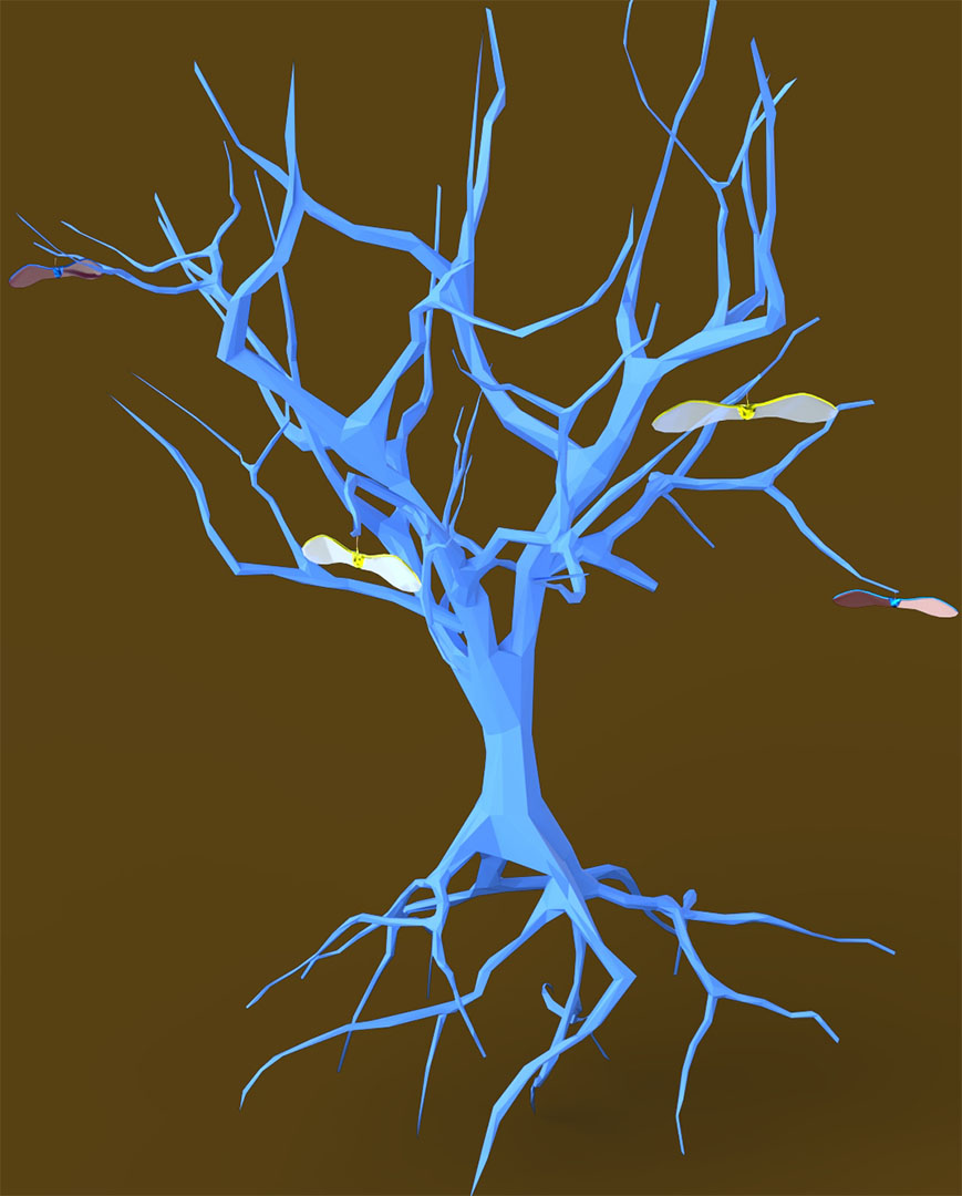 An early 3-D model of the Speaking Tree. The tree is very low poly and bright blue.