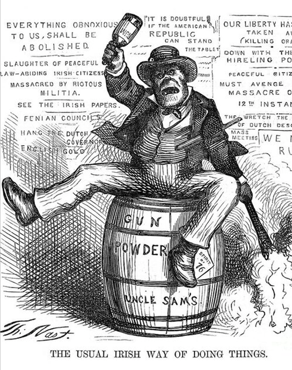 Cartoon image from the 1800s, a caricature of an Irishman, sitting on a powder keg, shooting off a pistol and holding a little torch to the keg, with the caption, "The usual Irish way of doing things". 